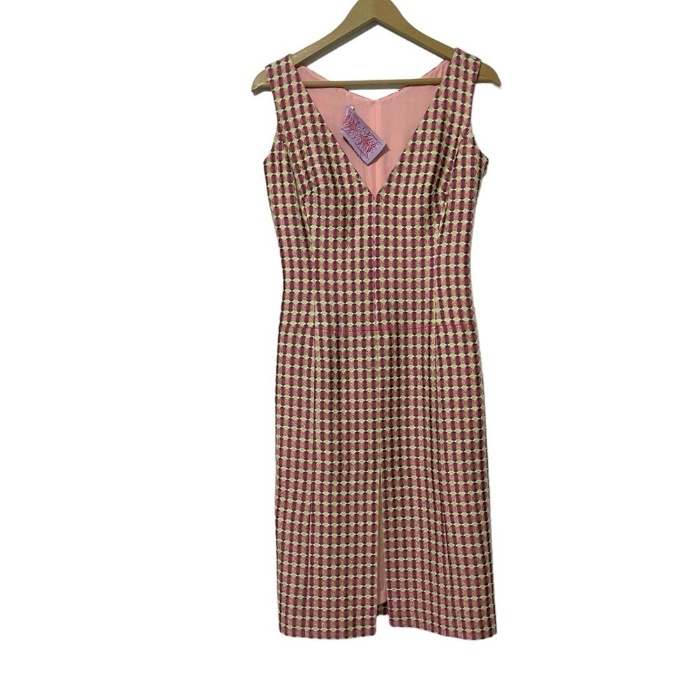 Tuleh‎ Pink Green Polka Dot V Neck Pencil Dress